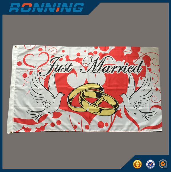 Bannière de drapeau Just Married 90x150 cm, tissu Polyester imprimé de haute qualité, drapeaux volants suspendus de 5x3 pieds, utilisation intérieure et extérieure, livraison gratuite