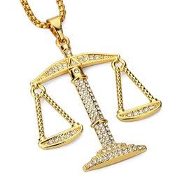 Collier pendentif balance de Justice pour hommes et femmes, couleur or, breloque, pierre CZ, strass, cristal, bijoux hip hop, alliage 279W