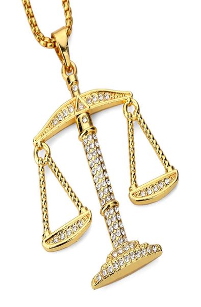 Justice Balance Scales Pendant Collier Fashion Gold Couleur Couleur Charme Mentes Femmes CZ Stone Rimestone Crystal Hiphop Bijoux Alloy4241996