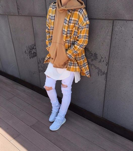 flanel schotland raster lange mouw shirts hiphop verlengde gebogen zoom oversized heren overhemd rood geel