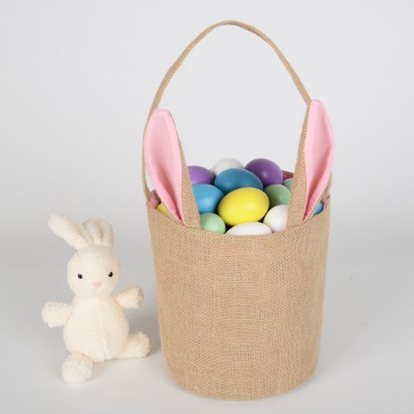 Jute lapin de Pâques fourre-tout, mignon lapin de Pâques panier rond toile cadeau sac dessin animé mignon lapin queues seau lapin bricolage seau seaux EEA1138-2