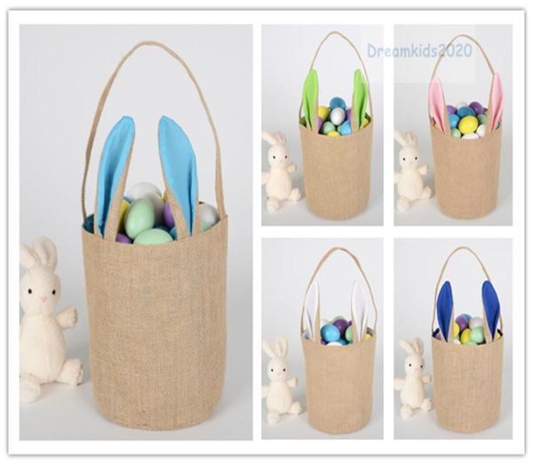 Tote de conejito de Pascua de yute, cesta de conejo de Pascua bonita, bolsa de regalo de lona redonda, cubo de colas de conejito lindo de dibujos animados, cubo DIY de conejo de Pascua 5203914