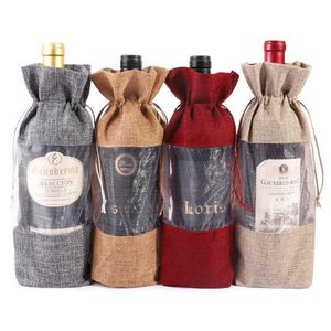 Jute Cadeaux Sacs Cadeau Emballage Fenêtre Transparente Toile De Jute Champagne Bouteille De Vin Sac De Couverture Faveurs De Fête Pochettes D'emballage Fournitures D'événement 7 Couleurs DW6773