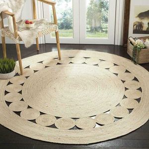 Tapis rond en jute 100% jute naturel 60x60cm Tapis réversible moderne aspect rustique Tapis et tapis pour la maison Salon 210727