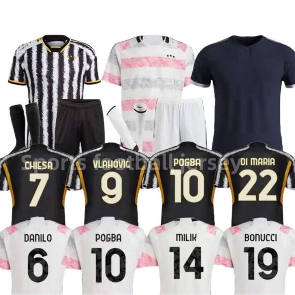 Juventus 2023 2024 Jerseys de football Pogba vlahovic 23 24 Home Away pour les hommes et les enfants Chiesa Bremer Milik Locatelli Chiellini Fans de football,