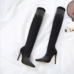 JX12 2020 The New Fashion Runway Crystal Stretch Fabric Sock Boots Pointy Toe Over-the-Knee Heel Thigh High Woman Boot1