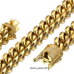 Jxlepe chaîne cubaine Miami pour hommes en or 18 carats chaîne en acier inoxydable de 15 mm avec chaîne de cou en diamant et zircon cubique en métal