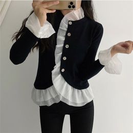 JXMYY Autumn en Winter Product Retro contrast Kleurstiksel Ruffled Fake Two Outer Wear T-Shirt Cardigan Jacket 210412