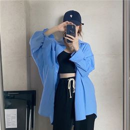 JXMYY Autumn Fashion Blue Temperament Elegant Loose Slim Pure Color Wild Simple Slim Long Sleeve Cardigan Shirt Women 210412