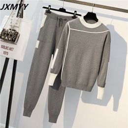 JXMYY Herfst Runway 2 Stuks Set Gebreide Lange mouw Pullovers Sweater Casual Patchwork Knit Jumper Tops en Broek Suits 220315