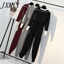 JXMYY Herfst Runway 2 Stuks Set Gebreide Lange mouw Pullovers Sweater Casual Patchwork Knit Jumper Tops en Broek Suits 211116