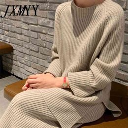 Jxmyy mode winter vrouwen dikker warm gebreide trui tweedelige pakken + hoge taille losse wijde beenbroek set 210819