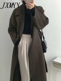 JXMYY Style paresseux français chaud femme frais hiver 2024 ceinture classique rétro lâche femmes manteaux de laine Chic décontracté Long manteau Long 240226