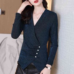 JXMYY, camisa de fondo de malla para mujer, primavera y otoño, combina con todo, estilo occidental de seda brillante, top de cintura irregular reductor de edad de gama alta 210412