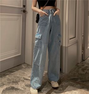 JXMYY Vintage jambe large femme jean taille haute jean bleu décontracté pantalons longs coréen Streetwear poches Denim pantalon 210412