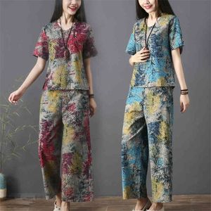 JXMYYPLUS SIZE dames imitatie ijs zijden printpak dames zomer korte mouwen shirt brede pijten broek tweedelige trendy vrouwen 210412