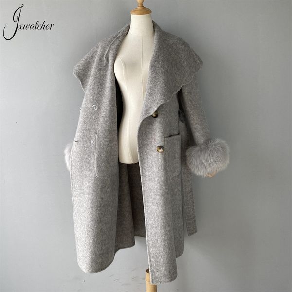 Jxwatcher codes en cachemire femme hiver 2022 Nouveau style Real Fox Fur Cuffs Big Turnown Collar Cellor Slim Elegant Long Trench Coat