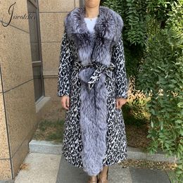 JXWatcher Femmes Winter Cashmere Mabet Silver Fox Trim Fur Trim Leopard Modèle Luxury Longue tranchée avec de vraies dames de fourrure de renard