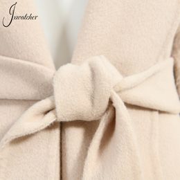 Jxwatcher Femmes hivernales de haute qualité cachemire long manchette de fourrure de renard naturel dames élégantes ceinture mince en laine mince trench codes