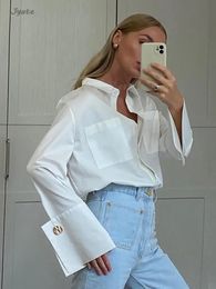 Jyate Mode Vrouw Blouses Elegante Revers Lange Mouw Kantoor Dame Shirts Casual Losse Witte Zakken Tops Vrouwelijke Kleding 240202