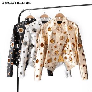 JyConline 2017 Fashion PU Dames Jacket Autumn Metal Motor Punk Bomber Jacket Silver Golden Hollow Out Jacket Vrouw Streetwear S18101302