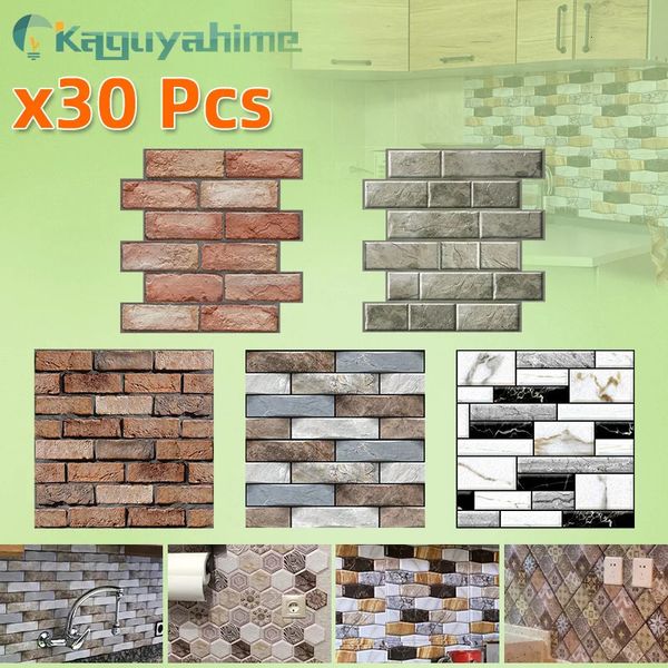 K 30pcslot 3D papel tapiz autoadhesivo DIY ladrillo piedra madera mármol mosaico pegatinas de pared impermeables decoración del hogar cocina 240122