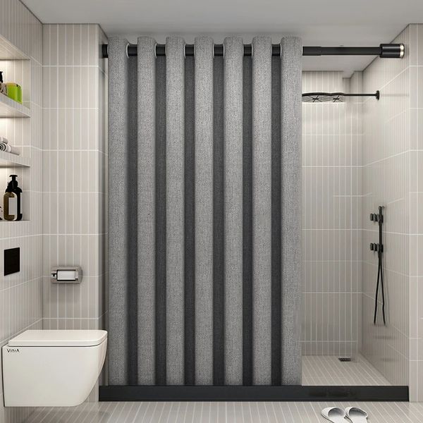 K-Water Hooklees Grey Shower Curtain Luxury Témoignage Couleur de bain Couleur solide Baignoire en lin Tissu de salle de bain imperméable Tissu de baignoire 240407