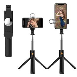 K10S Draadloze Bluetooth Selfie Stick Monopod met vullamp Mirror Tripod Opvouwbare Monopoden Handheld voor Smart Phone