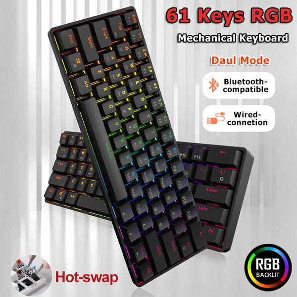 Mini teclado mecánico K28 para juegos, modelo doble, 61 teclas, RGB, intercambio en caliente, tipo C, con cable, BT5.0, teclados inalámbricos para ordenador portátil, PC y tableta