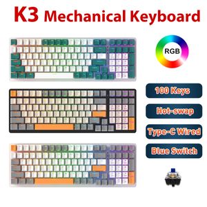 K3 clavier mécanique de jeu remplaçable à chaud 100 touches rétro-éclairage rvb USB type-c claviers de jeu filaires pour ordinateur de bureau Gamer