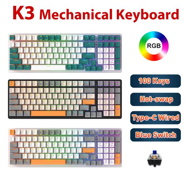 K3 Keyboard mecánico de juego K3 Clave 100 Teclas RGB RECESO USB Tipo-C Tecillos de juego con cable para PC de escritorio de jugadores