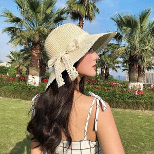 K38 Nieuwe zomer vrouwelijke Sunhat Straw Hat met gaas boog buiten zonnebrandcrème Caps Travel Fashion UV Protection Beach Sun Hat G220301