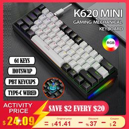 Mini teclado mecánico para juegos K620, 61 teclas RGB Hotswap tipo C, teclado para juegos con cable, teclas PBT, teclados ergonómicos 60%