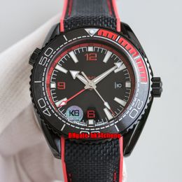 K6F Montres de haute qualité 45,5 mm 600M GMT Deep Red Cal.9806 Montre automatique pour homme 215.92.46.22.01.003 Lunette en céramique Cadran noir Bracelet en caoutchouc Montres-bracelets pour hommes