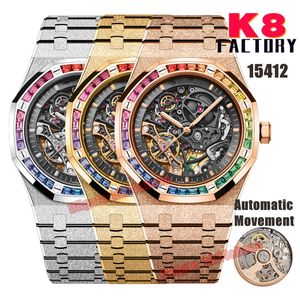 K8 Factory Montres 15412 Or rose givré 41 mm Montre automatique pour homme Lunette arc-en-ciel Cadran squelette Bracelet en acier inoxydable givré Montres-bracelets pour hommes