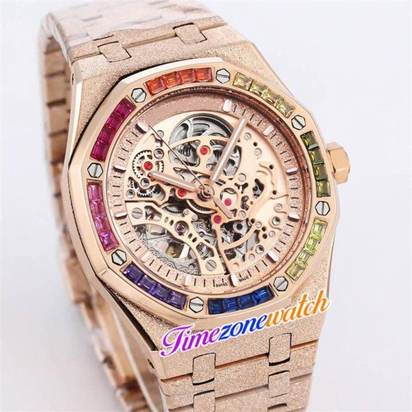 K8F 41mm Squelette Tourbillon Cadran Automatique Montre Pour Homme Tout Or Rose Boîtier En Or Givré Bracelet En Acier Givré Rainbow Diamond Watche308Y