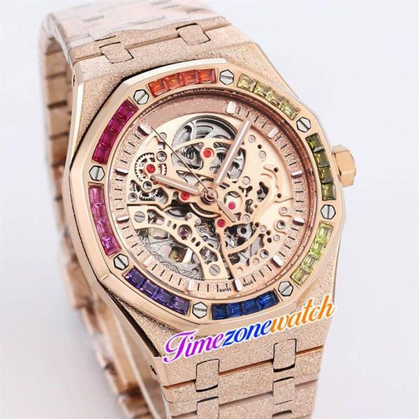 K8F 41 mm Esqueleto Tourbillon Dial Reloj automático para hombre Todo oro rosa Caja de oro escarchado Pulsera de acero esmerilado Rainbow Diamond Watche3232