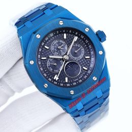 K8F Luxe horloges K8 41mm 26579 Alle blauwe eeuwige kalender Automatische heren Bekijk blauwe wijzerplaat alle blauwe roestvrijstalen armbandheren polshorloges