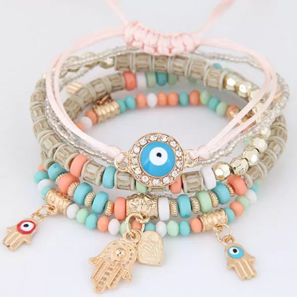 Kabbale Fatima Hamsa Main Evil Eye Charmes Bracelets Bracelets Multicouche Tressé À La Main Perles Pulseras Pour Femmes Hommes P1130