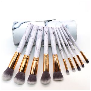 Kabuki Brushes 10Pcs / Set Pinceaux De Maquillage Professionnel Marbling Poignée Ombre À Paupières Sourcils Lèvres Yeux Beauté Marbre Make Up Brush Comestic Tool