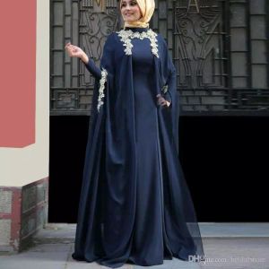 Kaftan Abaya Moslim Avondjurken Hoge Hals Lange Mouw Midden-Oosten Dark Navy Dubai Arabische Prom Dress Islamitische Formele Partyjurken