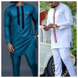Kaftan African Mens traje blanco Camisa de costura de manga larga y pantalones sociales 2 piezas diseñador de fiesta de boda ropa 240412