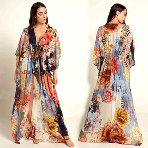 Kaftan Beach Mousseline de soie Cover Up Pareos de Playa Mujer Wear Oversize Bikini Robe Plage Sarong Tunique # Q1030 210420