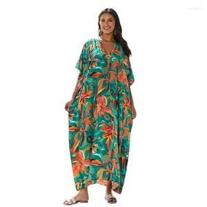 Kaftan Dress Cover Ups voor vrouwen Swimwear Beach Outlet Gedrukt Smock Cotton Green en Orange Up kostuums zomer 2024