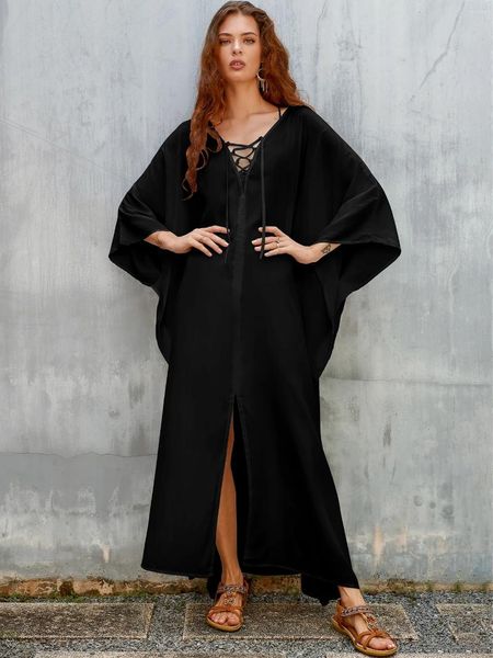 Robes de Kaftan pour femmes Batwing à manches de bain à manches couvertes de robe maxi lâche côté plage de plage en noir