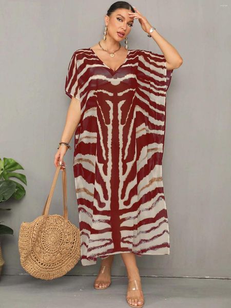 Kaftan Robes For Women Wine Red Stripes Imprimez la plage Caftan Cover Up Batwing Sleeve Bathing Trssold Capings Casual Vacation