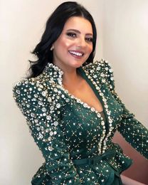 Kaftan Dubai Arabische Ocn Prom Jurken Kristal Kralen Op maat gemaakte avondjurken Diepe V-hals Elegante jurk Feestjurk