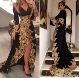 Kaftan Dubai Style robes de soirée musulmanes manches longues velours noir appliques or dames robes de bal formelles
