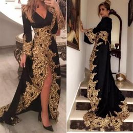 Kaftan Dubai Style Musulman Robes De Soirée Manches Longues Noir Velours Or Appliques Dames Formelle Robes De Bal Abiye Gece Elbisesi2602