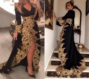 Caftan Dubaï Style Robes De Soirée Musulmanes Manches Longues Noir Velours Or Appliques Dames Robes De Bal Formelles Abiye Gece Elbisesi8862262